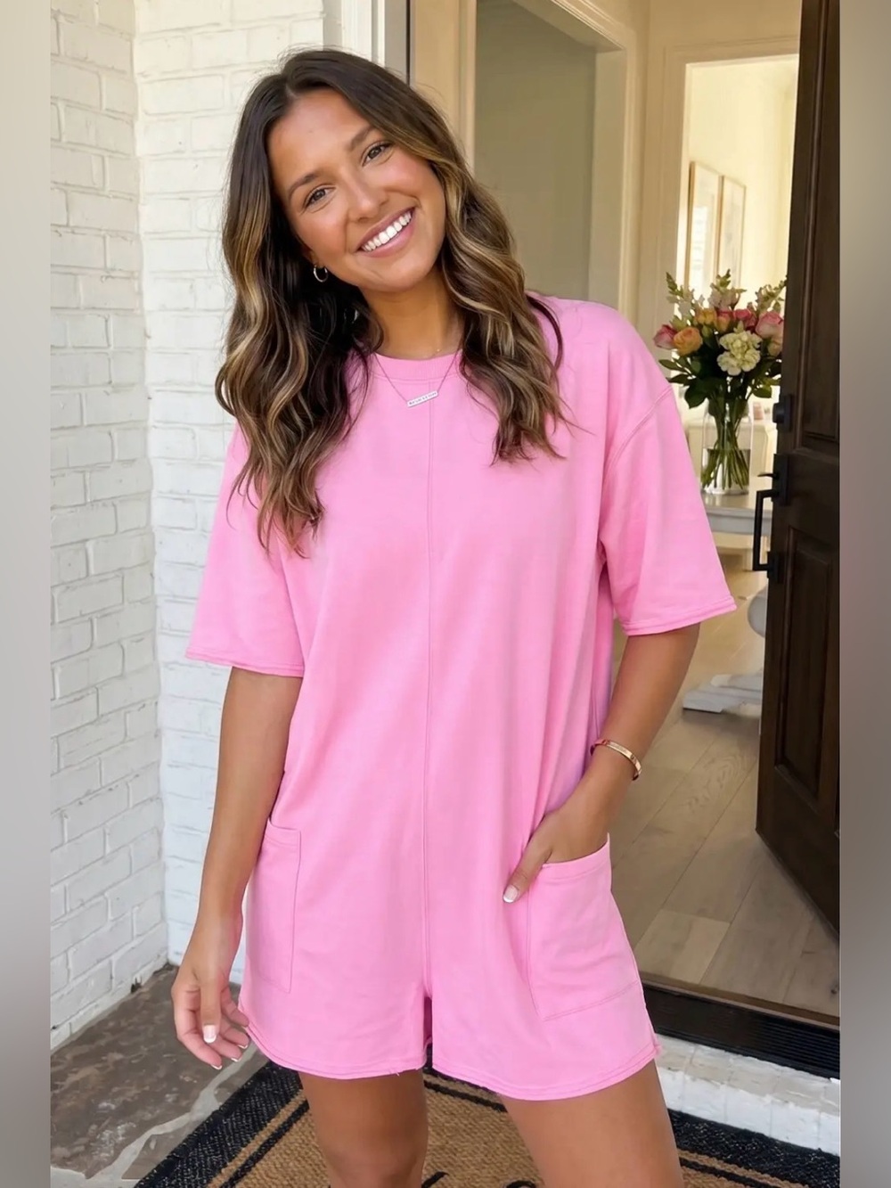 NWOT XOXO Boutique Bubblegum Pink Raw Edge Oversized Romper W/OS Pockets Sz:M&XL